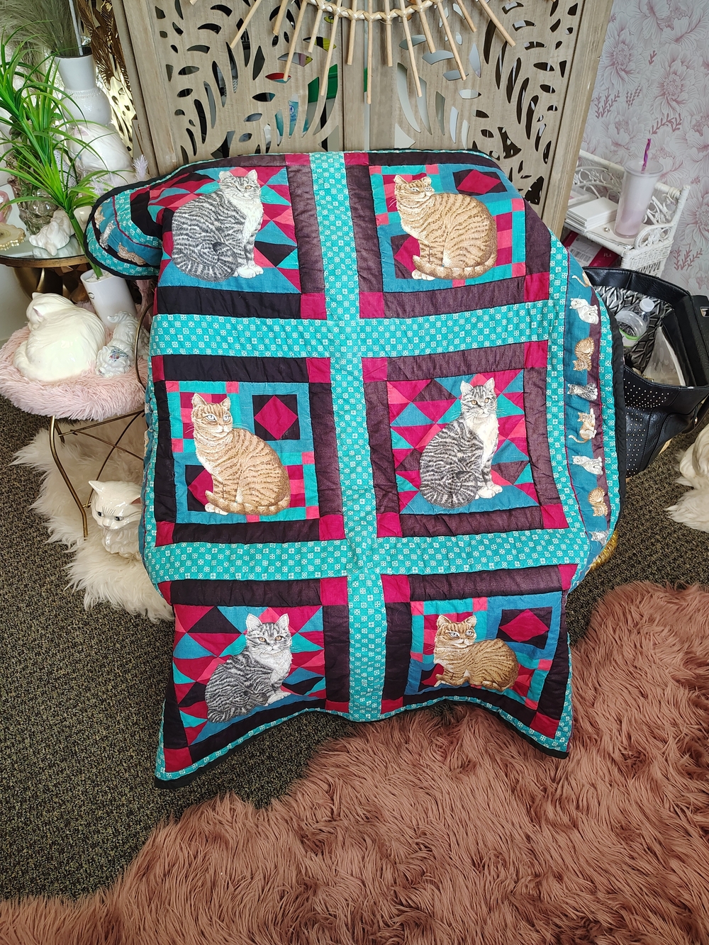 Handmade Vintage Cat Patchwork Throw Quilt Blanket
